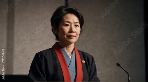 Portrait of japanese middle aged university professor woman on stage paper presentation international studies education conference event from Generative AI