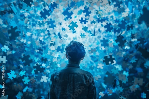 Person Amidst a Storm of Puzzle Pieces
 photo