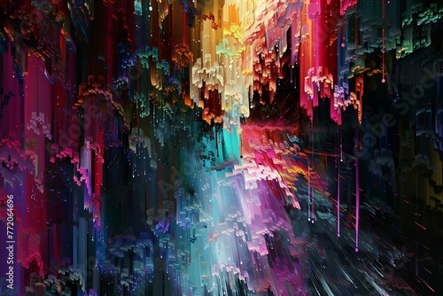 : A cascading waterfall of multicolored pixels, flowing and shimmering, transforming from a canvas of solid colors into digital art chaos. © crescent