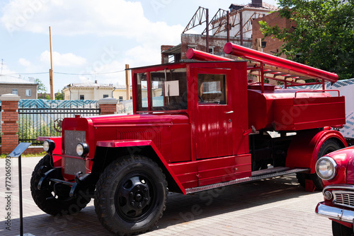 Old Russian, fire truck of red color. Exhibition copy.