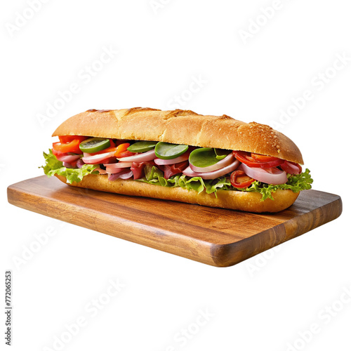 Hoagie on wooden cutting board isolated on transparent background.