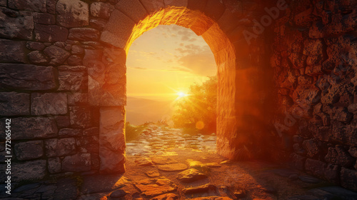 A stone castle's entrance at sunrise, rendered physically, featuring anamorphic art and a prairie aesthetic.