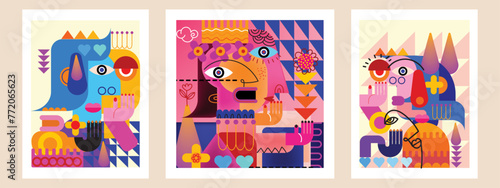 Face portrait abstraction geometric, shapes and doodle hand drawn vector wall art illustration. Creative graphic design minimalist silhouette cubism people.