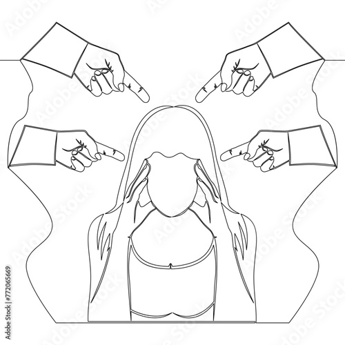 Continuous one single line drawing Depression and people influence bullying Human hands pointing at sad depressed crying woman making her guilty icon vector illustration concept