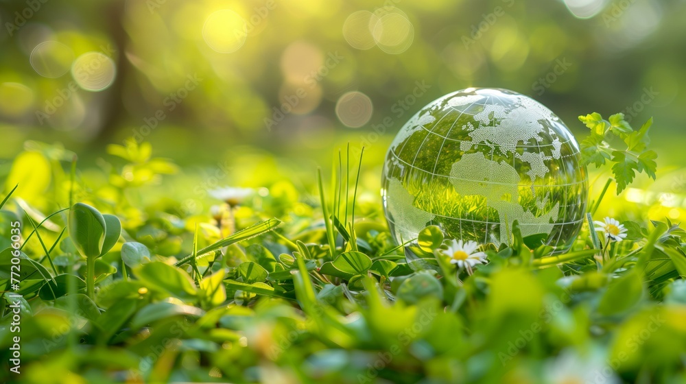 glass transparent planet Earth globe placed in fresh green grass, leaves and flowers and bokeh in the background, Earth Day - obrazy, fototapety, plakaty 