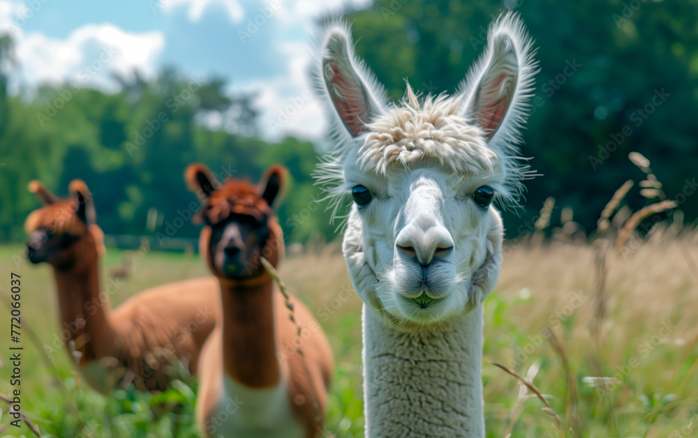 Curious alpacas in a lush green field, looking at the camera.
