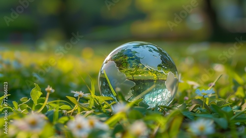 glass transparent planet Earth globe placed in fresh green grass  leaves and flowers and bokeh in the background  Earth Day