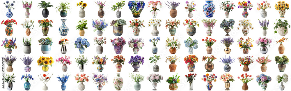 Fototapeta premium Many flower and plant in vase set of different flower and docoration style of red rose, gebera, sunflower, aloe vera, lavender, orchid and many more flowers, isolated on transparent background AIG44