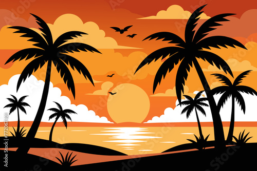 beach palms sea sunset vector design