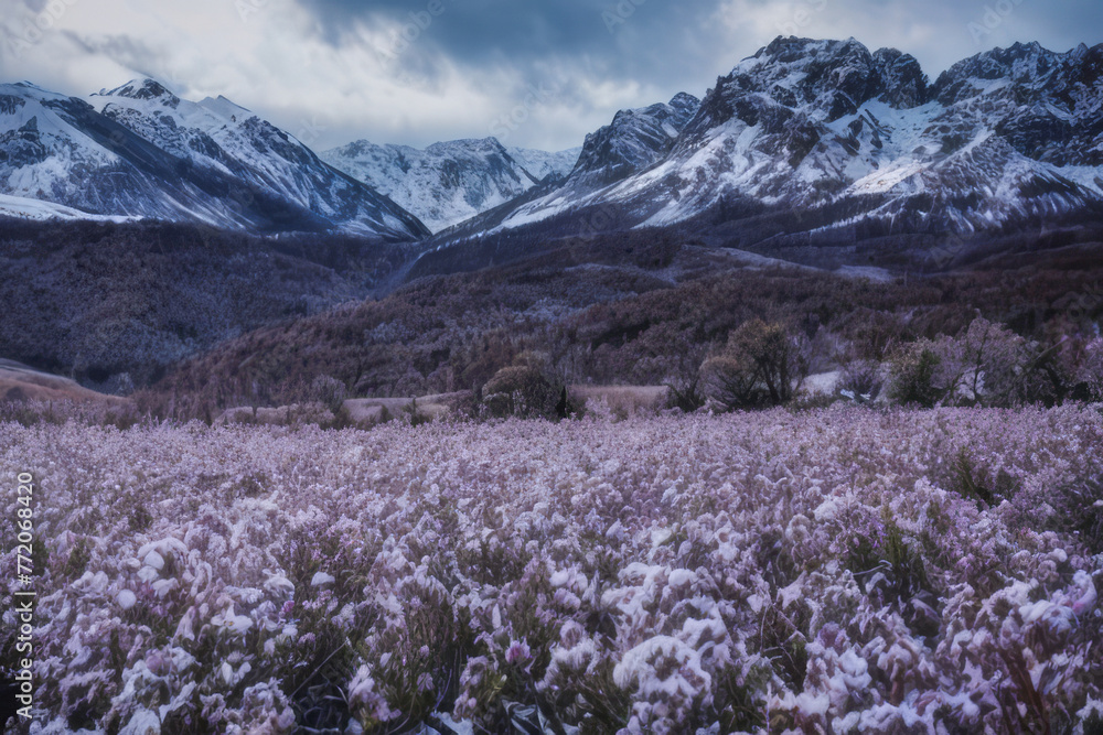 A vibrant lavender field bursts into life in the mountain valley, dwarfed by snow-capped peaks against a clear blue sky A vibrant lavender field bursts into life in the mountain valley, dwarfed by snow-capped peaks against a clear blue sky