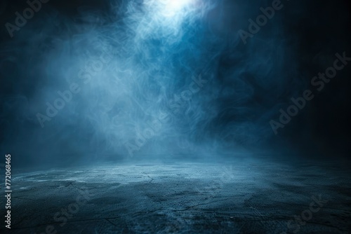 Empty space of Studio dark room concrete floor grunge texture background with spot lighting and fog or mist in background - generative ai photo
