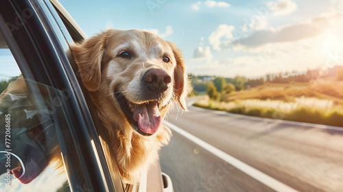 Happy dog looks out of the window of a car driving on the highway