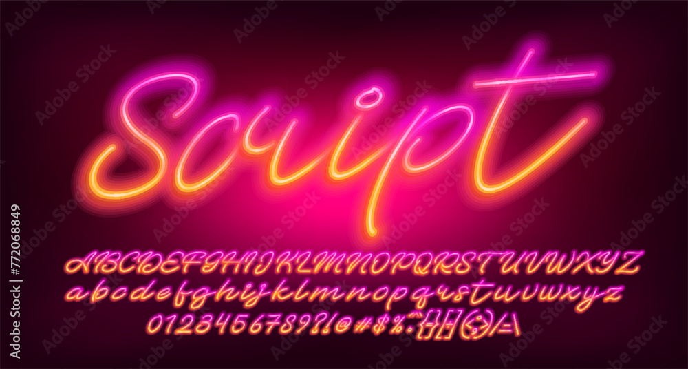 Neon Script alphabet font. Colorful neon light letters, numbers and symbols. Stock vector typescript for your design. - obrazy, fototapety, plakaty 