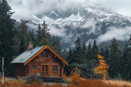 : A cozy cabin in the woods with a snow-capped mountain backdrop