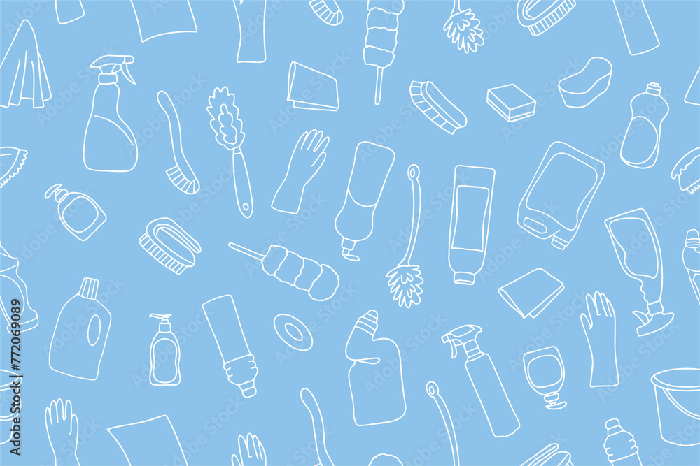 Seamless pattern of cleaning equipment. Cleaning line icons. Line of hand-drawn equipment, cleaning products and tools for washing and disinfecting the house, bucket and mop, detergent sprayer. Seamless pattern of cleaning equipment. Cleaning line icons. Line of hand-drawn equipment, cleaning products and tools for washing and disinfecting the house, bucket and mop, detergent sprayer.