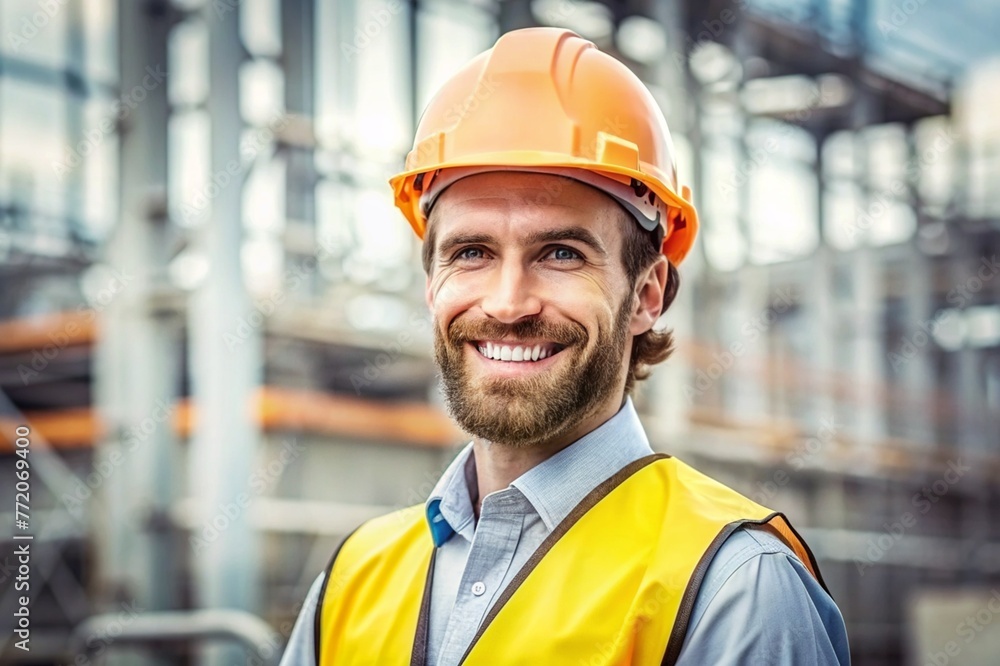 Handsome construction engineer smiling on site construction Handsome construction engineer smiling on site construction