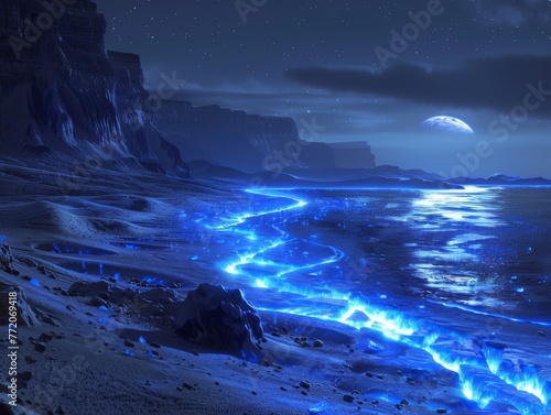 Artificially created bioluminescent beach on a terraformed Mars