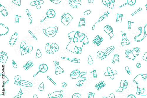 Seamless pattern with medicines and diagnostic and treatment items. Vector hand drawn illustration in doodle style. Vector illustration. 
