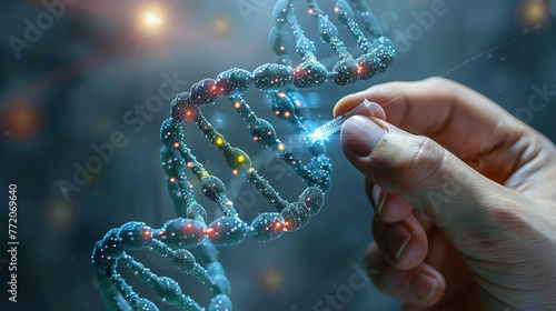 3D abstract illustration og human hand controlling DNA composition, genetically modified DNA, GMO, CRISPR