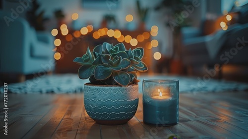  A small potted plant nestled by a lit candle on a weathered wooden floor, before a magnificently decorated Christmas tree