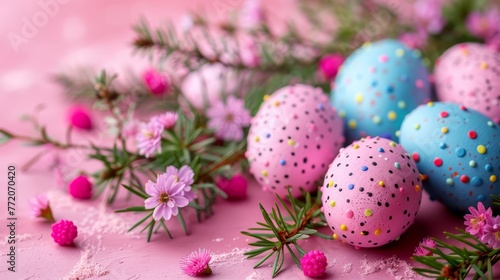  A collection of painted eggs atop a pink backdrop, embellished with sprinkles and surrounding flowers