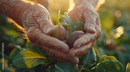  A tight shot of hands grasping fruit above a green leafy plant in a field