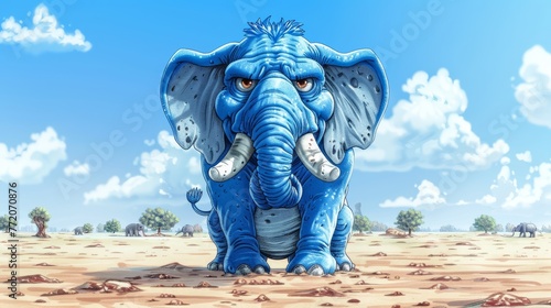  An image of an elephant amidst a desert, surrounded by trees in the background, and clouds in the sky