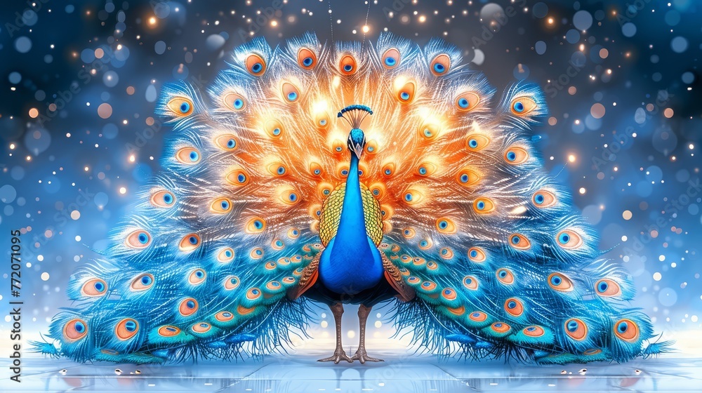   A peacock, poised before a blue backdrop, displays an extravagant spread of its vibrant feathers - obrazy, fototapety, plakaty 