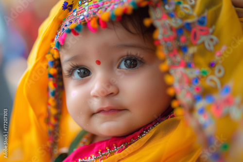 Cheerful Baby Celebrating Holi Festival in Vibrant City Setting
