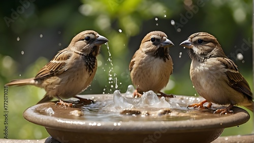 On a steamy summer's day, house sparrows bathe and splash around in a birdbath. photo