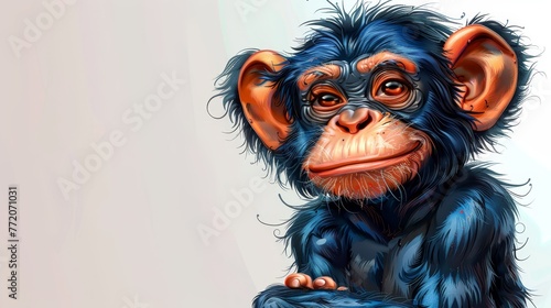   A monkey sits atop a wooden table before a white wall, gazing directly at the camera © Jevjenijs