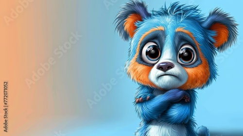  A blue and orange bear painting, depicting the bear with a sad expression, seated on a blue background