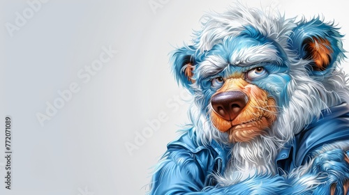  A painting of a blue bear with white fur on its head and a blue coat adorning its shoulders