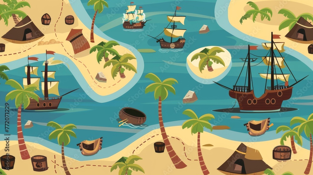 Seamless background with pirate ship and palm trees. Game map