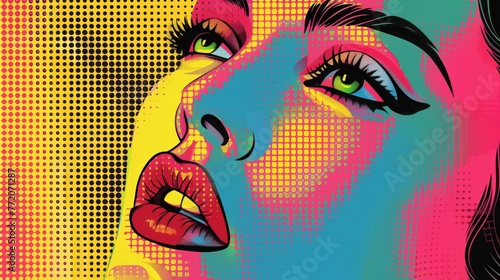 Halfone dots woman face in pop art style photo