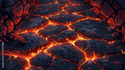 A lava rock floor with a red lava flow. The lava is flowing down the side of the rock and is surrounded by black rocks. The image has a dark and ominous mood, with the lava