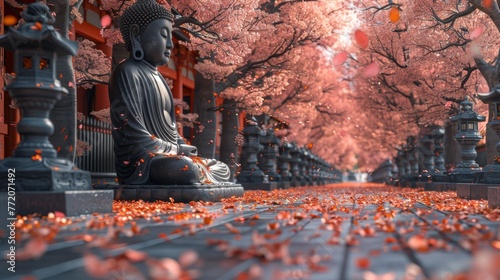  A large Buddha statue sits in the heart of a lush park, its surroundings teeming with vibrant red-leafed trees