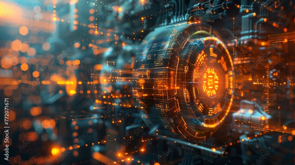 A computer screen with a glowing orange circle in the center. The circle is surrounded by a blurry, colorful background. Concept of technology and innovation A computer screen with a glowing orange circle in the center. The circle is surrounded by a blurry, colorful background. Concept of technology and innovation