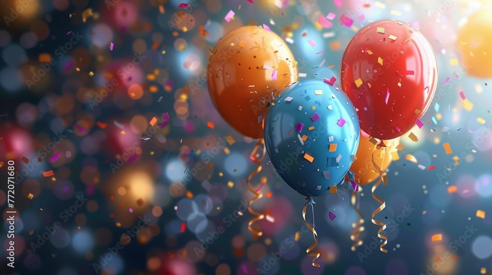 Three balloons against a blue backdrop, filled with confetti and streaming it out; background softly blurred with more confetti Three balloons against a blue backdrop, filled with confetti and streaming it out; background softly blurred with more confetti