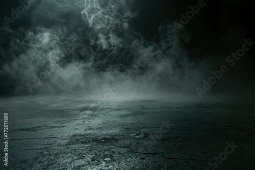 Empty space of Studio dark room concrete floor grunge texture background with spot lighting and fog or mist in background - generative ai