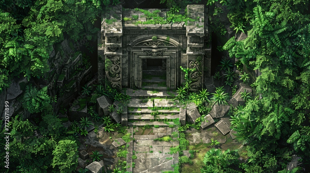 A lush green jungle with a stone building in the middle. The building has a stone archway and steps leading up to it. The scene is serene and peaceful