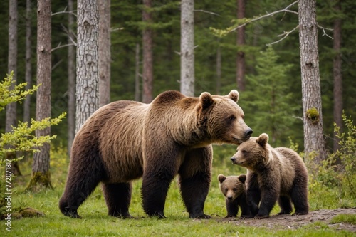 Brown Bears (Ursus arctos), mother bear with cubs © ThomasLENNE