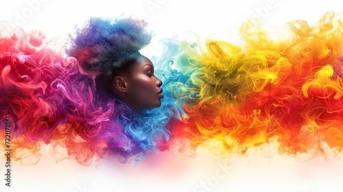  A woman s head with colored smoke emanating from both the top and bottom  against a pristine white backdrop