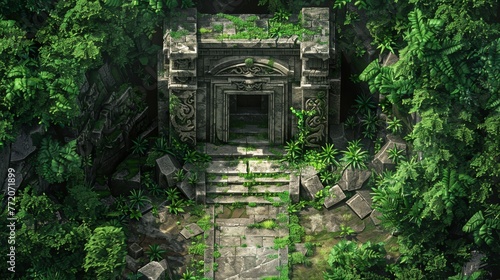 A lush green jungle with a stone building in the middle. The building has a stone archway and steps leading up to it. The scene is serene and peaceful