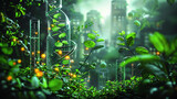 illustration of DNA green garden, controlled plants growth, GMO, new technology