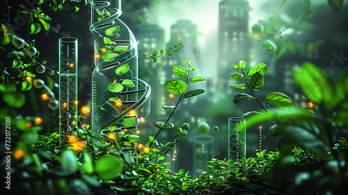 illustration of DNA green garden, controlled plants growth, GMO, new technology