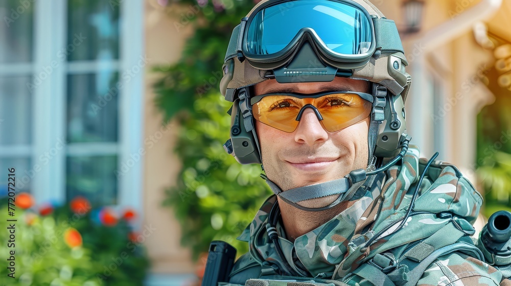 A man in helmet and goggles stands before a building, surrounded by trees and bushes in the foreground A man in helmet and goggles stands before a building, surrounded by trees and bushes in the foreground