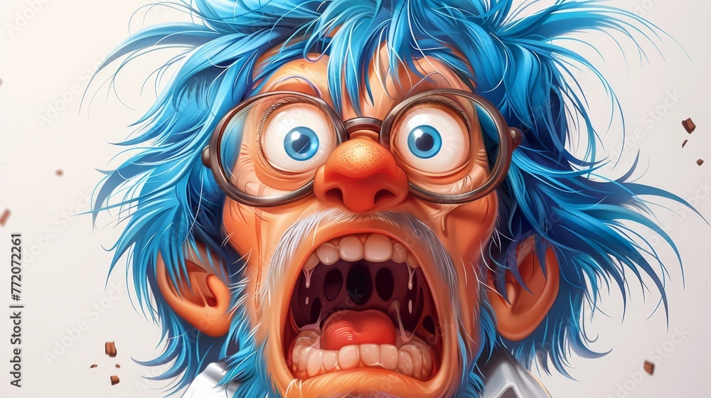 blue hair, glasses, toothy grin blue hair, glasses, toothy grin