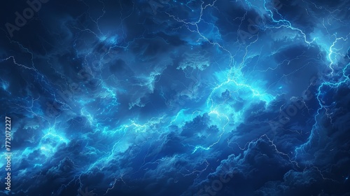 A blue sky with a stormy atmosphere. The sky is filled with lightning bolts and the clouds are dark and ominous. Scene is tense and foreboding