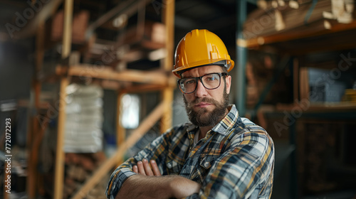 Handsome confident worker with beard glasses and hard hat on a working site, looking at the camera 